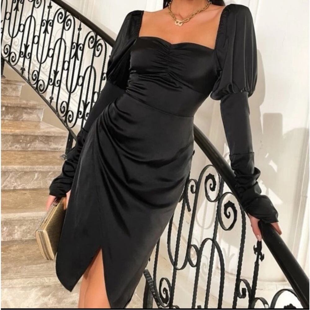 Regency Victorian Prom Goth Dark Romance Black Puff Sleeve Sweetheart Neckline - Picture 4 of 12